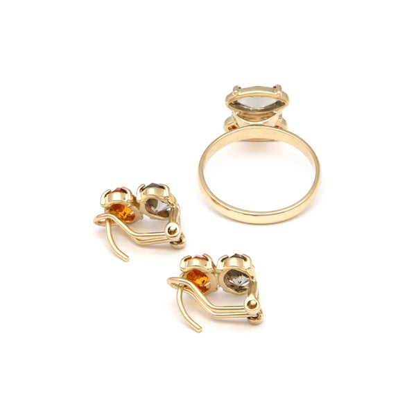 Juego de anillo y aretes diseño especial con citrino y topacio ahumado en oro amarillos 14 kilates.