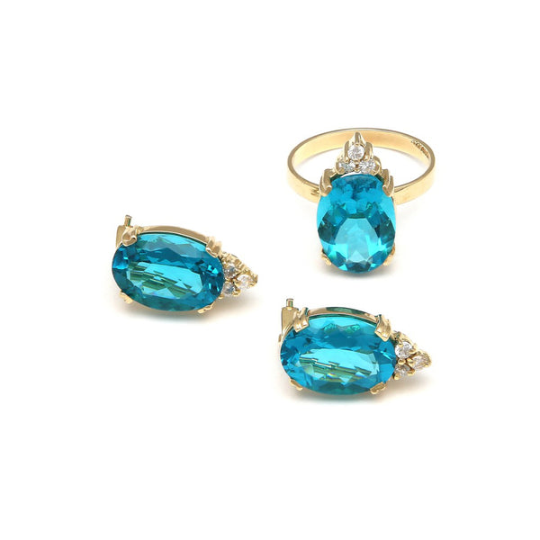 Juego de anillo y aretes diseño especial con diamantes y obsidianas en oro amarillo 14 kilates.