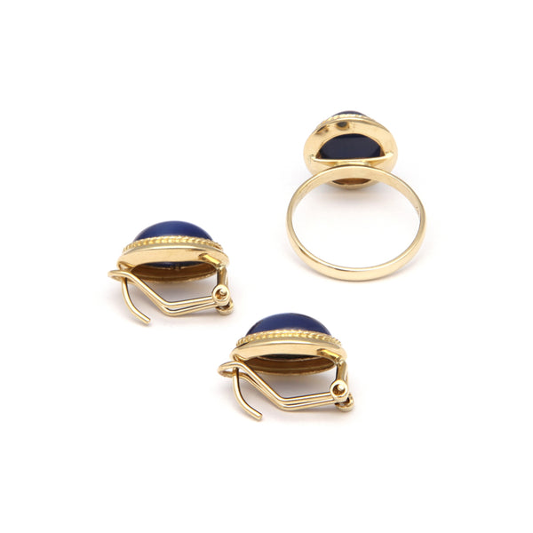 Juego de anillo y aretes diseño especial con zafiro estrella en oro amarillo 14 kilates.