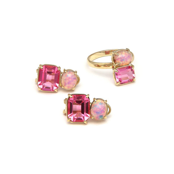 Juego de anillo y aretes diseño especial con rosa de Francia y ópalo en oro amarillo 14 kilates.