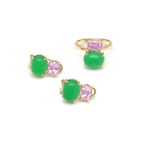 Juego de anillo y aretes diseño especial con jade y Rosa de Francia en oro amarillo 14 kilates.