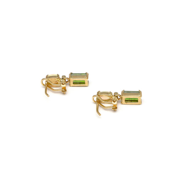 Aretes diseño especial con colgantes de diamantes, turmalina y ópalo en oro amarillo 14 kilates.