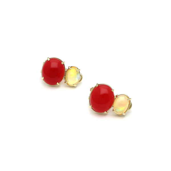 Aretes diseño especial con cornolitas y ópalos en oro amarillo 14 kilates.