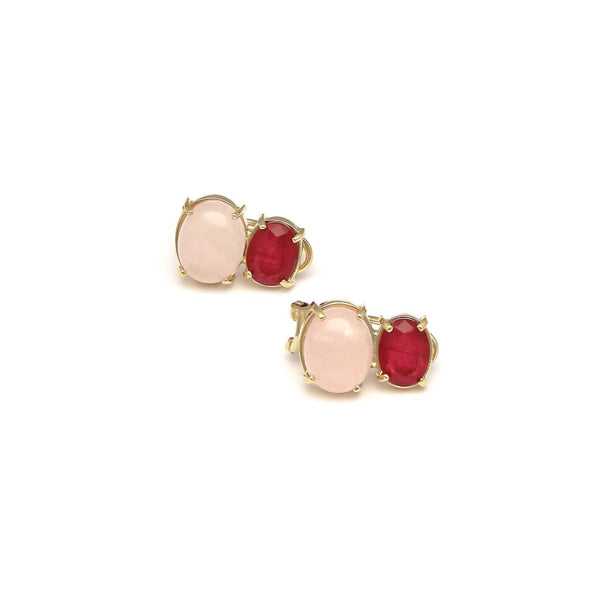 Aretes diseño especial con rubys cuarzos y piedras lunas en oro amarillo 14 kilates.