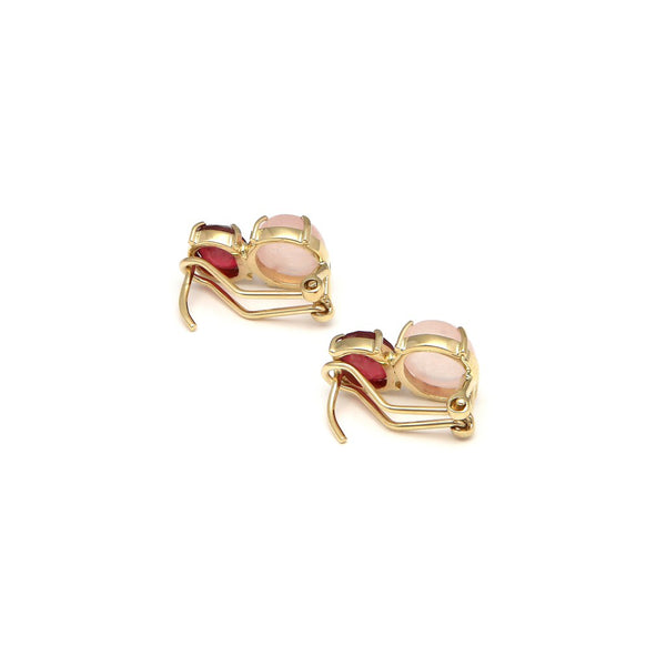 Aretes diseño especial con rubys cuarzos y piedras lunas en oro amarillo 14 kilates.