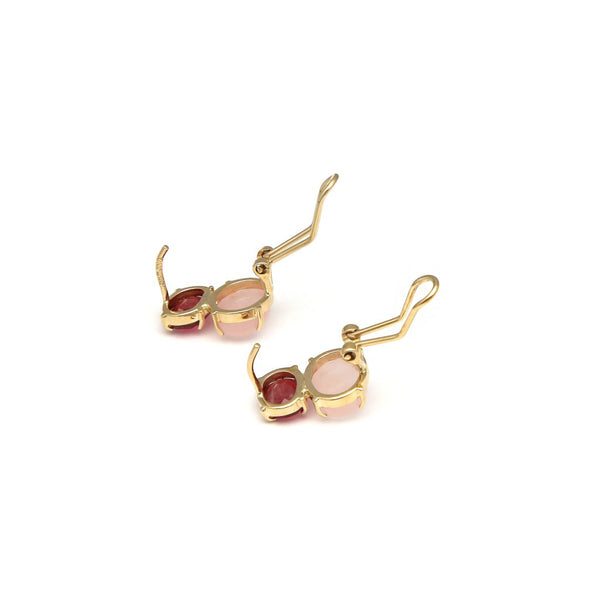 Aretes diseño especial con rubys cuarzos y piedras lunas en oro amarillo 14 kilates.