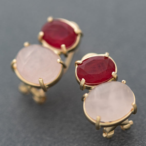 Aretes diseño especial con rubys cuarzos y piedras lunas en oro amarillo 14 kilates.