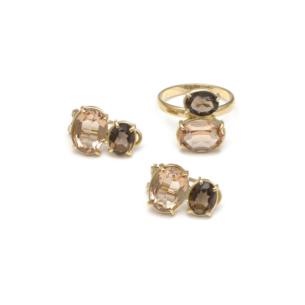 Juego de anillo y aretes diseño especial con topacio ahumado en oro amarillo 14 kilates.