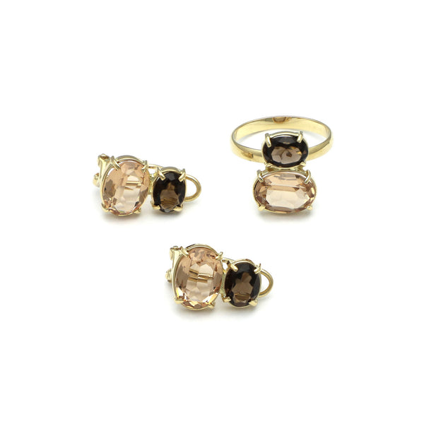 Juego de anillo y aretes diseño especial con citrino y topacio en oro amarillo 14 kilates.