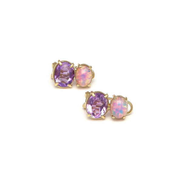 Aretes diseño especial con amatista y ópalo en oro amarillo 14 kilates.
