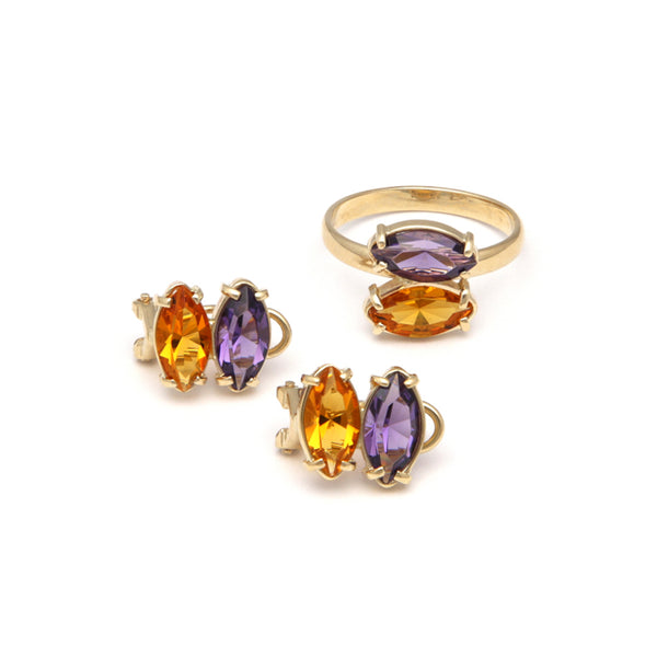 Juego de anillo y aretes diseño especial con amatistas y citrinos en oro amarillo 14 kilates.