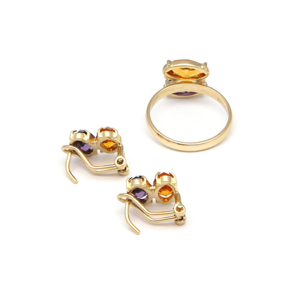 Juego de anillo y aretes diseño especial con amatistas y citrinos en oro amarillo 14 kilates.