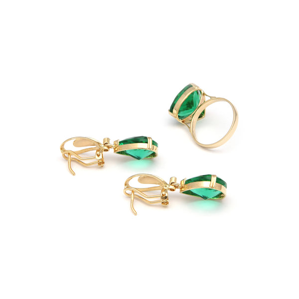 Juego de anillo y aretes diseño especial con colgantes de diamantes y obsidiana en oro amarillo 14 kilates.