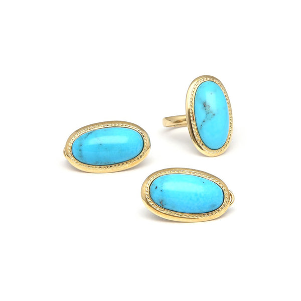 Juego de anillo y aretes diseño especial con turquesas en oro amarillo 14 kilates.