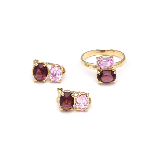 Juego de anillo y aretes diseño especial con amatista y rosa de Francia en oro amarillo 14 kilates.