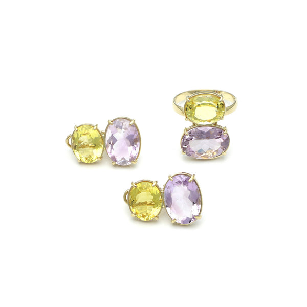 Juego de anillo y aretes diseño especial con amatista y citrino en oro amarillo 14 kilates.