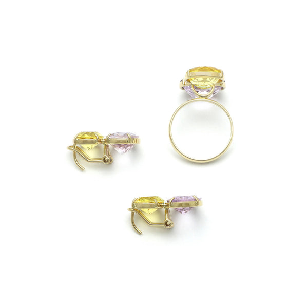 Juego de anillo y aretes diseño especial con amatista y citrino en oro amarillo 14 kilates.