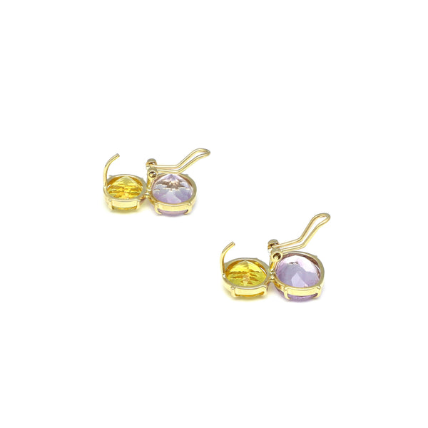 Juego de anillo y aretes diseño especial con amatista y citrino en oro amarillo 14 kilates.