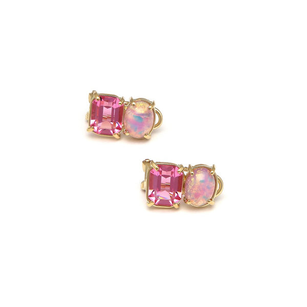 Aretes diseño especial con rosa de Francia y ópalo en oro amarillo 14 kilates.