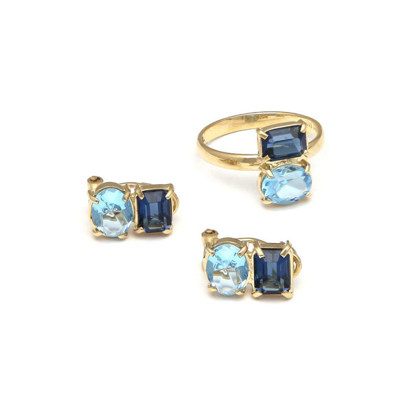 Juego de anillo y aretes diseño especial con Zafiro y Aguamarina en oro amarillo 14 kilates.