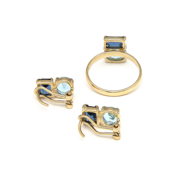 Juego de anillo y aretes diseño especial con Zafiro y Aguamarina en oro amarillo 14 kilates.