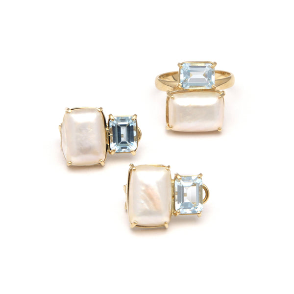 Juego de anillo y aretes diseño especial con Media perla y topacios en oro amarillo 14 kilates.