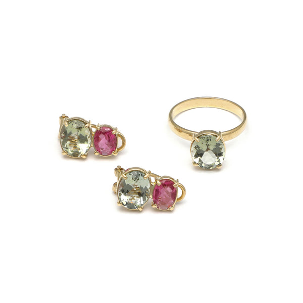 Juego de anillo y aretes diseño especial con morganita verde y turmalina rosa en oro amarillo 14 kilates.