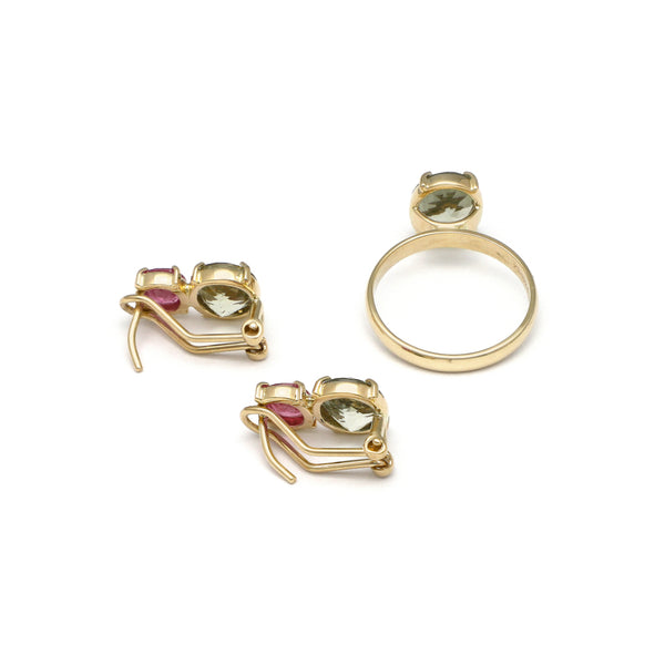 Juego de anillo y aretes diseño especial con morganita verde y turmalina rosa en oro amarillo 14 kilates.