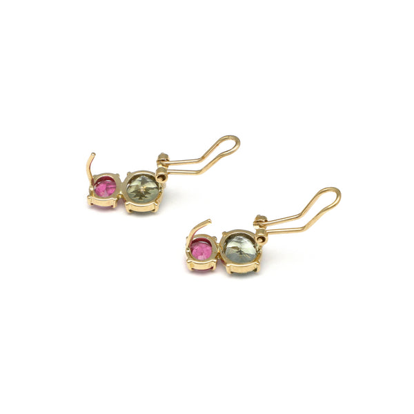 Juego de anillo y aretes diseño especial con morganita verde y turmalina rosa en oro amarillo 14 kilates.