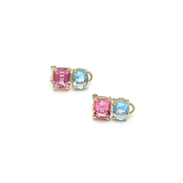 Aretes diseño especial con rosa de Francia y aguamarina en oro amarillo 14 kilates.