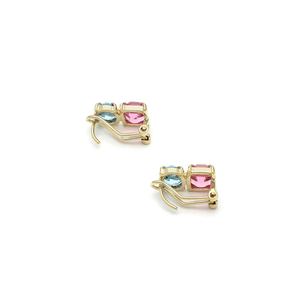 Aretes diseño especial con rosa de Francia y aguamarina en oro amarillo 14 kilates.