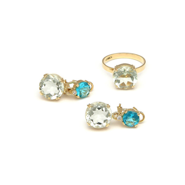 Juego de anillo y aretes estilizados con colgantes de diamantes, amatistas y topacios en oro amarillo 14 kilates.