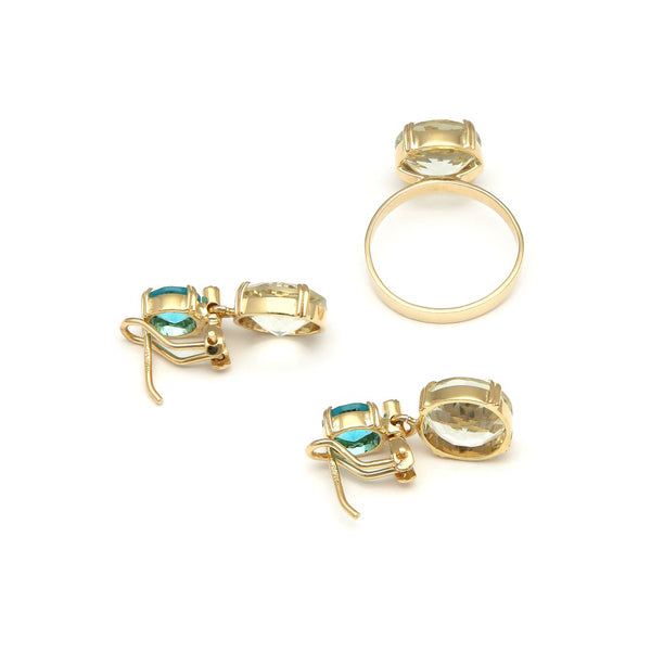 Juego de anillo y aretes estilizados con colgantes de diamantes, amatistas y topacios en oro amarillo 14 kilates.
