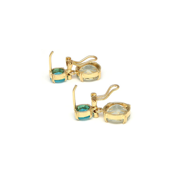 Juego de anillo y aretes estilizados con colgantes de diamantes, amatistas y topacios en oro amarillo 14 kilates.