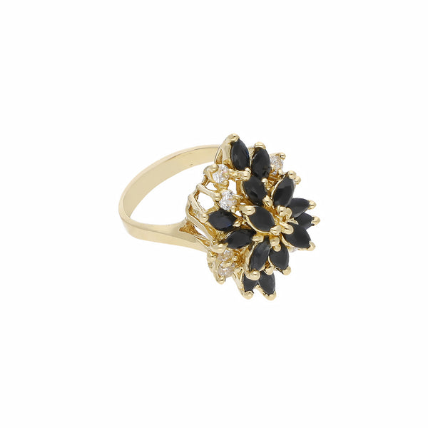 Anillo calado con zafiros y circonias en oro amarillo 14 kilates.