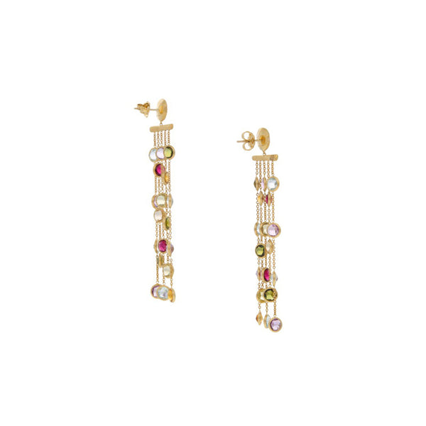 Broqueles diseño especial con colgantes y sintéticos firma Marco Bicego en oro amarillo 18 kilates.