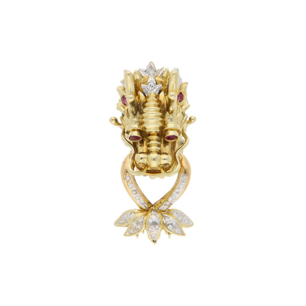 Dije diseño especial motivo cabeza de dragón con diamantes y gemas en oro amarillo 14 kilates.