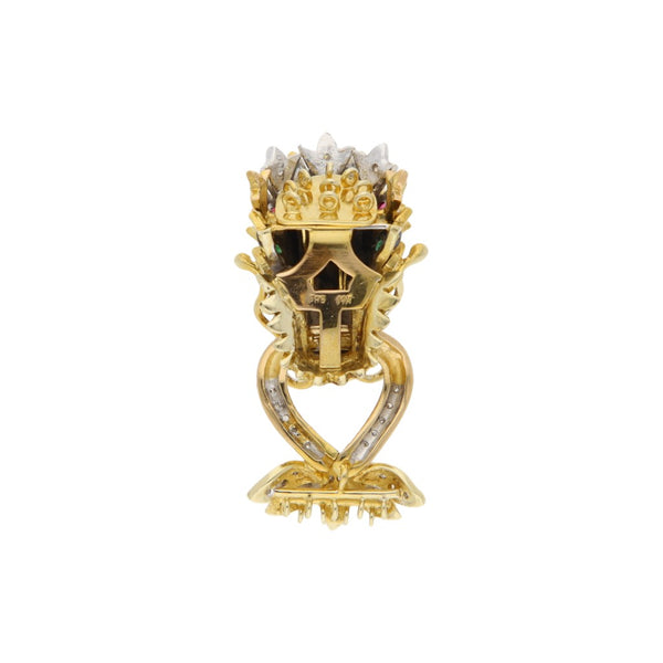 Dije diseño especial motivo cabeza de dragón con diamantes y gemas en oro amarillo 14 kilates.