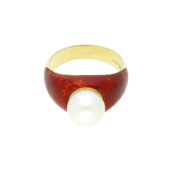 Anillo diseño especial con perla y esmalte en oro amarillo 18 kilates.
