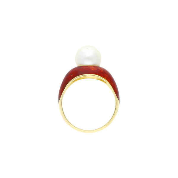 Anillo diseño especial con perla y esmalte en oro amarillo 18 kilates.