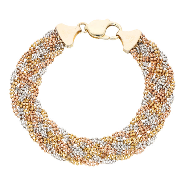 Pulsera eslabón tejido en oro tres tonos 14 kilates.