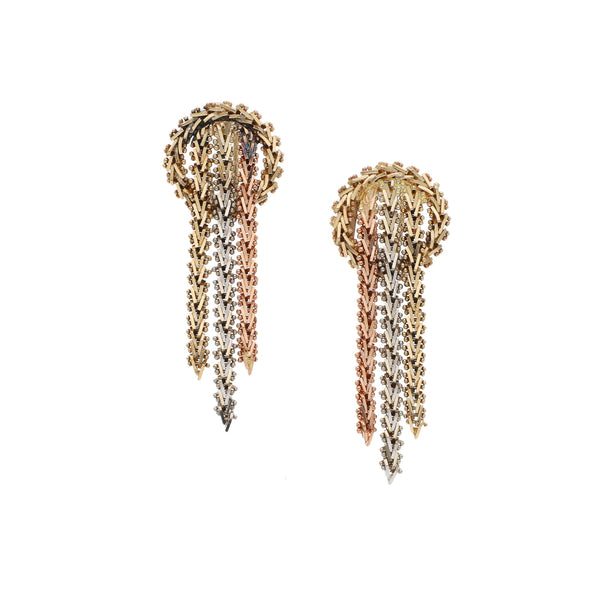 Aretes boleados en oro tres tonos 14 kilates.
