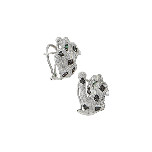 Aretes diseño especial motivo felinos con diamantes y sintéticos en oro blanco 14 kilates.