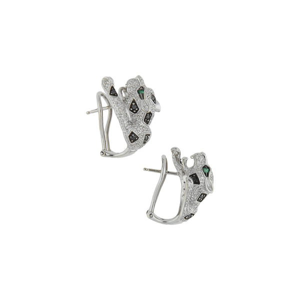 Aretes diseño especial motivo felinos con diamantes y sintéticos en oro blanco 14 kilates.