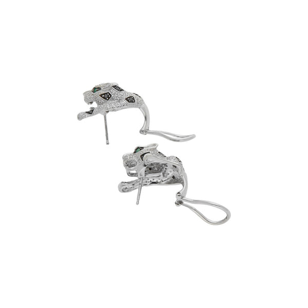 Aretes diseño especial motivo felinos con diamantes y sintéticos en oro blanco 14 kilates.