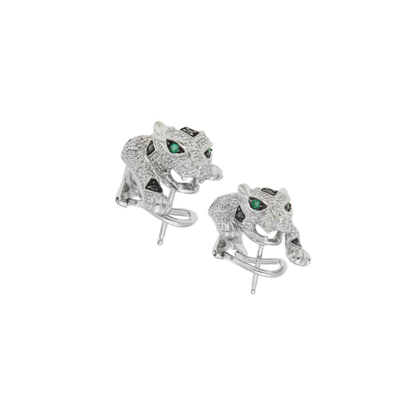 Aretes diseño especial motivo felinos con diamantes y sintéticos en oro blanco 14 kilates.