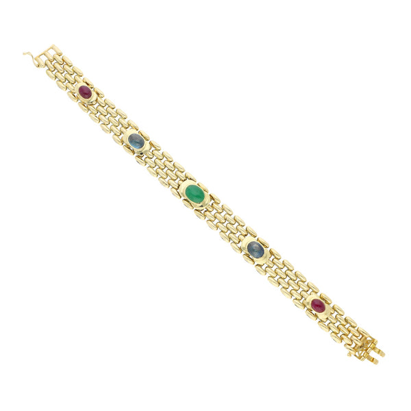 Pulsera eslabón articulado con sintéticos en oro amarillo 14 kilates.