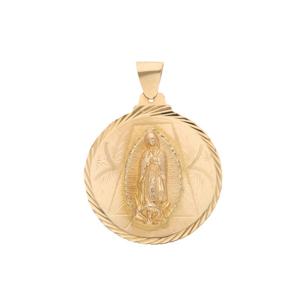 Medalla diseño especial motivo Virgen de Guadalupe en oro amarillo 14 kilates.