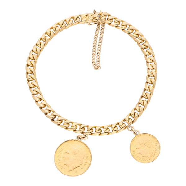 Pulsera eslabón encontrado con una moneda de cinco y dos y medio pesos oro Mexicano 21.6 kilates en oro amarillo 18 kilates.