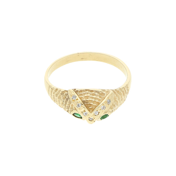 Anillo labrado motivo búho con sintéticos en oro amarillo 14 kilates.